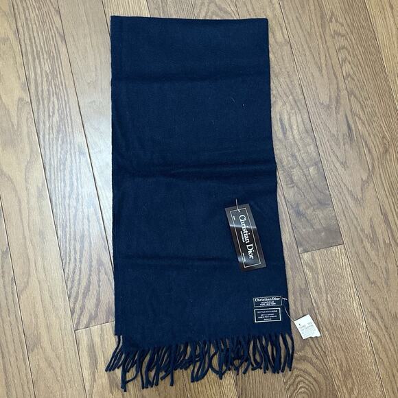 Vintage Christian Dior Cashmere Scarf Women's Fringed Navy Made In England New - Picture 1 of 4